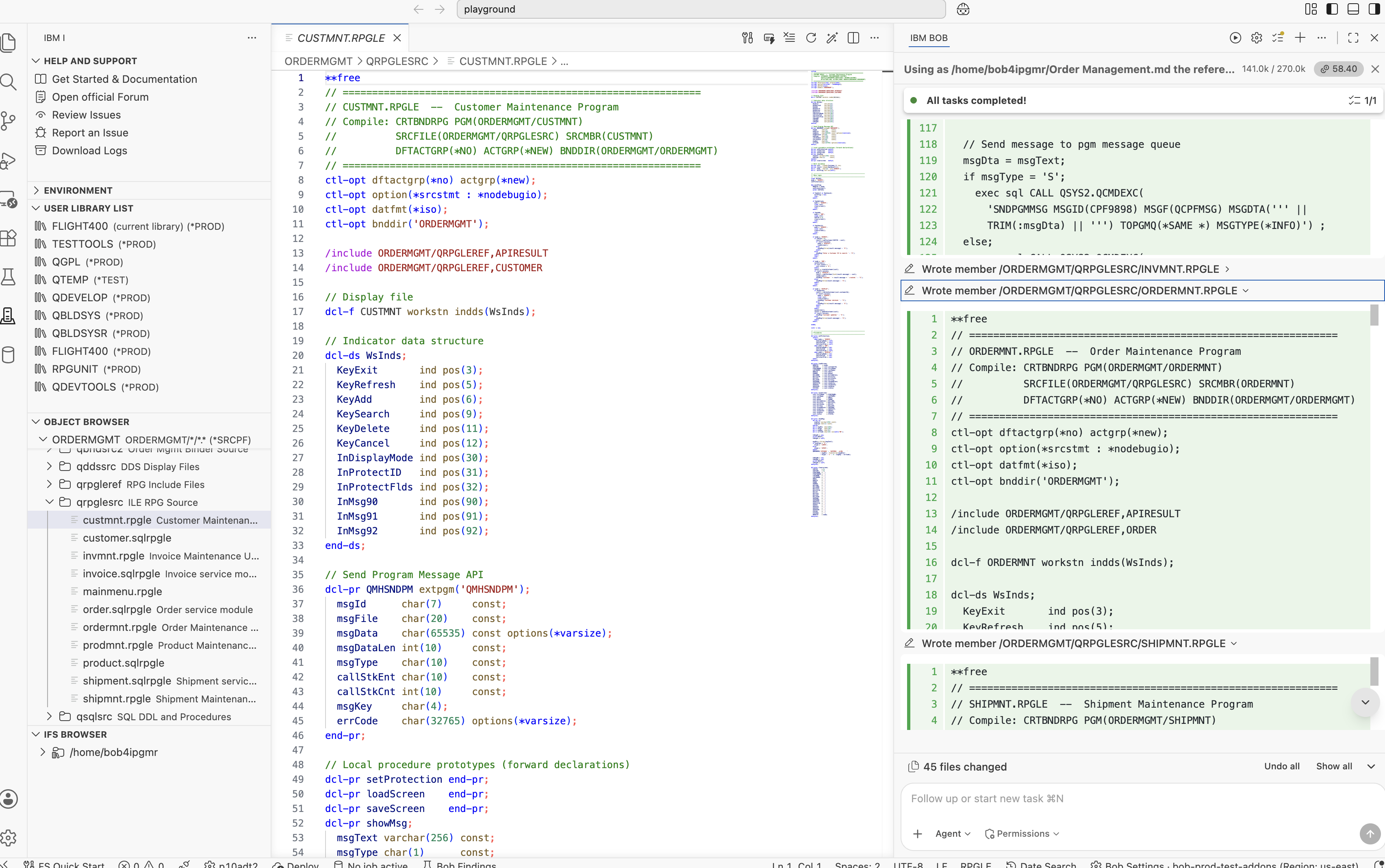 CUSTMNT RPG program showing the three-mode SEARCH / DISPLAY / ADD structure
